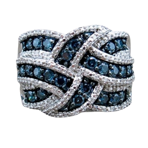 Sapphire Diamond Ring Pave Sapphires Silver Blue Sapphire Braided Wide Band Ring - Picture 1 of 8